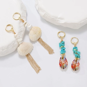 Bohemian beach style earrings with natural shells, turquoise stones and gold tassels