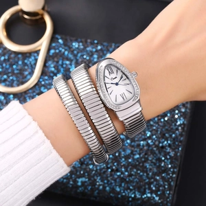 Elegant silver snake-shaped wrap quartz watch for women with sparkling crystal bezel