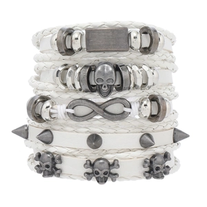 Men's punk 5-piece multilayer bracelet set with white skulls and infinity charms