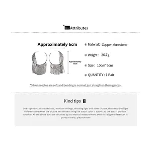 Detailed size chart for rhinestone tassel earrings showing dimensions of 10cm by 6cm