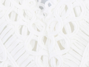 Macro shot of white crochet stitching and intricate macrame lace detail on dress