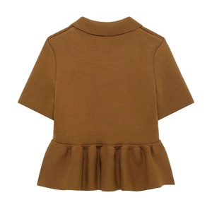 Brown short sleeve knit top with sweet doll collar and ruffled hem for women