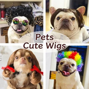 Funny pet dog costume wigs set featuring black curls, brown bob, and rainbow afro styles