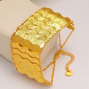 24k gold plated multilayer coin bracelet with heart charm and adjustable chain for women