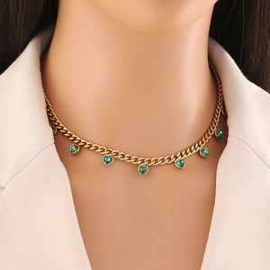 Stainless Steel Necklace Gold Plated Heart Rhinestone Cuban Chain Multiple Pendants Trendy Fashion Jewelry Women