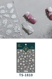 Detail of 3D embossed daisy flower nail stickers with artistic Beauty lettering decor