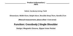 Size chart showing dimensions 43x36cm and corduroy fabric details for the leopard bag