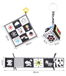 Detailed dimensions of high contrast black and white baby cloth books and crib bumper