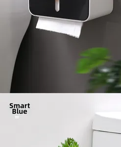 Close-up of smart blue waterproof wall tissue box with visible window and jagged outlet
