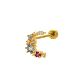 Macro detail of a gold cartilage stud earring with multi-colored stones and screw back ball