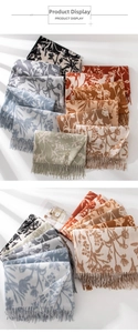 Detail of floral cashmere-feel scarf featuring intricate fringe edges and multi-color prints