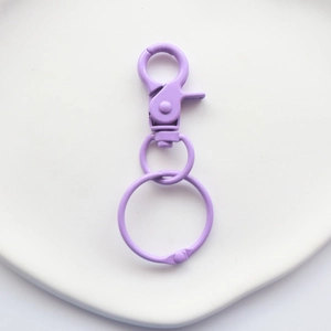 Macro view of lavender purple metal lobster clasp and large round ring hardware for bags