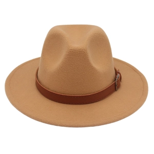 Close-up of camel wool felt fedora with a brown leather belt strap and metal buckle detail