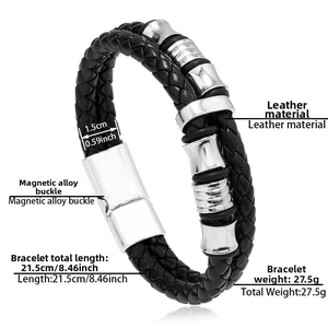 Detail showing dimensions of black braided leather bracelet with magnetic alloy buckle