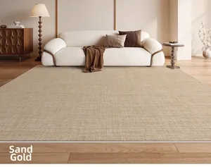 Detail of sand gold woven rectangular rug with textured fiber on modern wood floor