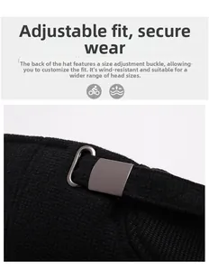 Detail of adjustable metal buckle on black winter baseball cap for a secure custom fit