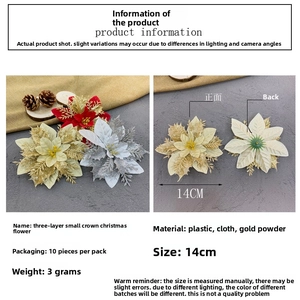 Detailed view of 14cm three-layer glitter Christmas poinsettia with 10 pieces pack specs
