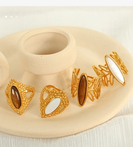 Detailed shot of bohemian gold rings with tiger eye stones on a ceramic plate