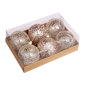 Set of 6 champagne gold hand-painted Christmas tree hanging balls in a luxury gift box