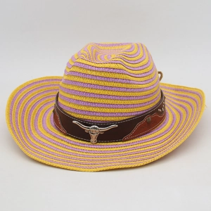 Western straw cowboy hat with purple and yellow stripes and longhorn metal buckle
