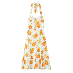 Weißes Halfter-Midikleid aus Leinen mit lebhaftem Orangen-Druck und Bindeschleife