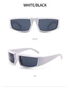 Front and side views of punk style white frame sunglasses with sleek black lenses