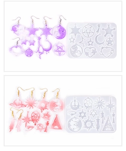 DIY silicone mold sets for star and planet earrings shown with purple and pink resin crafts