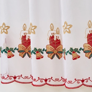White semi-transparent Christmas curtain with red scalloped embroidery and festive candle icons