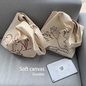 Japanese style minimalist canvas tote bags with cute cat prints and large capacity