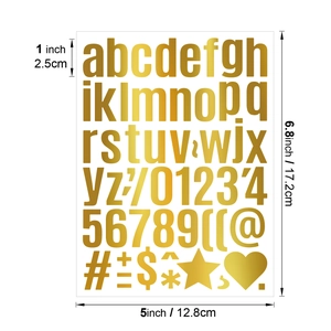 Detail of 1 inch gold alphabet stickers sheet with metallic letters and numbers