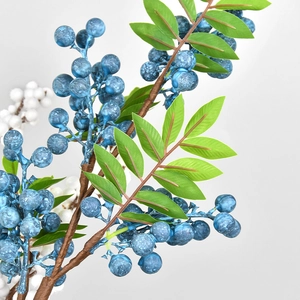 Artificial blue berry stem with green leaves for Christmas tree decoration and home table decor