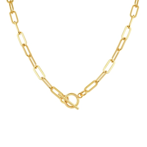 Macro detail of golden paperclip chain necklace with a stylish T-bar toggle clasp