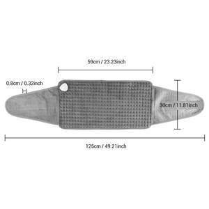 Detailed size chart of the grey heating waist pad with dimensions in centimeters and inches