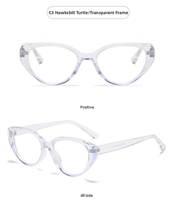 Detail view of transparent cat eye glasses frame with C3 color and metal hinges