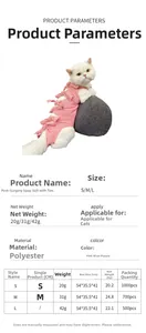 Size chart for polyester cat recovery suit with pink bow design for post-surgery care