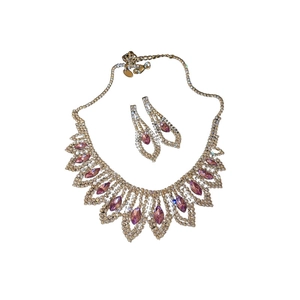 Luxury geometric fringe necklace and earring set with pink gems and sparkling crystals