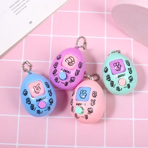 Macaron color rock-paper-scissors game egg keychain in blue, pink, and green