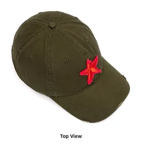 Top view of army green cotton baseball cap with red star patch and distressed details