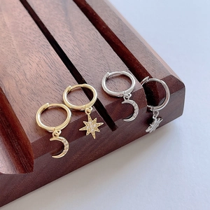 Elegant S925 sterling silver star and moon earrings with cubic zirconia in gold and silver