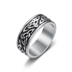 Vintage Viking Celtic knot stainless steel ring for men with etched silver grey relief