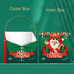 Christmas gift box set with Santa illustration and green ribbon handle for holiday candy