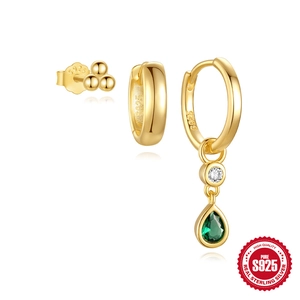 S925 sterling silver gold earrings set with green teardrop gemstones and white zircon