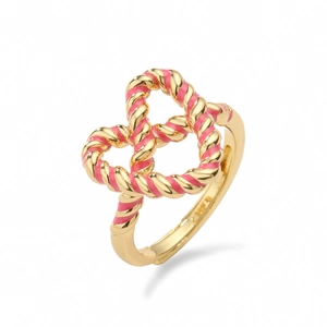 Pink and gold twisted rope heart ring in polished finish with an open band design
