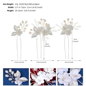 Detail view showing precise dimensions of handmade clay flower hair pins with golden leaves