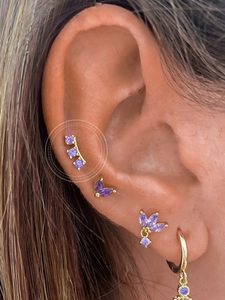 S925 sterling silver crown earrings with purple zircon stones on a model's ear