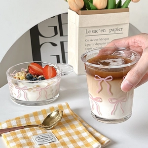 Glass Cup And Bowl With Grip Pink Ribbon Bow Pattern Transparent Dessert Salad Cold Brew Drinks Cute Style