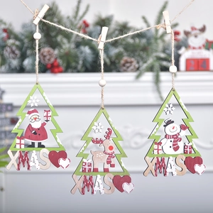 Christmas Wooden Tree Hanging Ornaments Hollow Laser Cut Santa Snowman Elk Painted Decoration With Hemp Rope Wood Bead