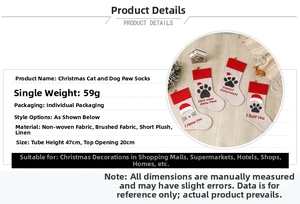 Detailed view of dog and cat paw Christmas stockings with fabric material and size specs