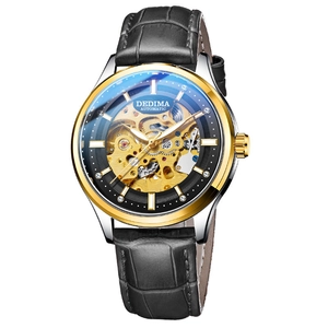 Orologio automatico da uomo con quadrante scheletrato e cinturino in pelle nera