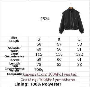 Detailed size chart and fabric composition for the women's PU leather biker jacket